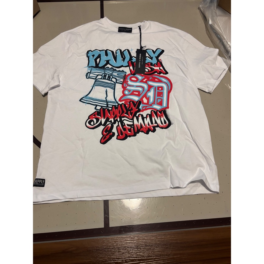Supply & Demand Philly USA Liberty Bell Graffiti Graphic T-Shirt White Large NWT
